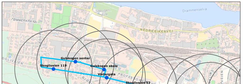 UTREDNING 55 (122) 4.2 Delstrekning 2 Professor Smiths allé Det er i dag sju holdeplasser fra og med Professor Smiths allé til Gulskogen. De fordeler seg på strekningen som vist i kartet under.