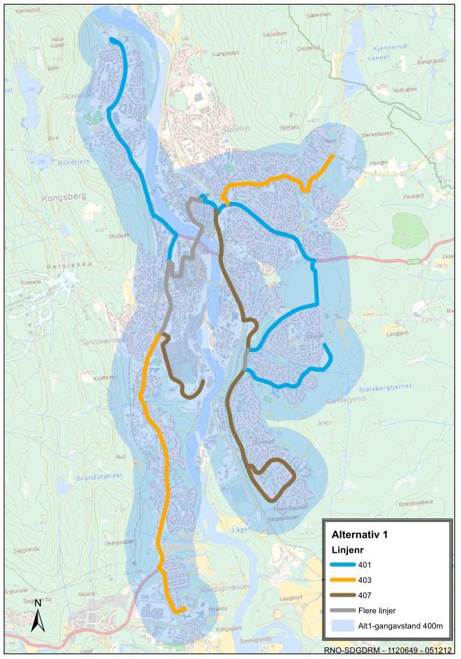 UTREDNING 67 (122) Kartet til venstre viser de tre pendelrutene og hvilket område som dekkes i gangavstand - inntil 400 m -fra traseene.