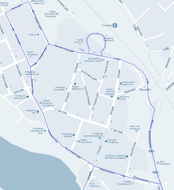 74-(122) UTREDNING Alternativ 0 Dagens trase gjennom sentrum, til/fra Gamlegrendåsen og vestsida Fremkommelighet for buss: Det er god fremkommelighet på det meste av traseen, men bussen forsinkes noe