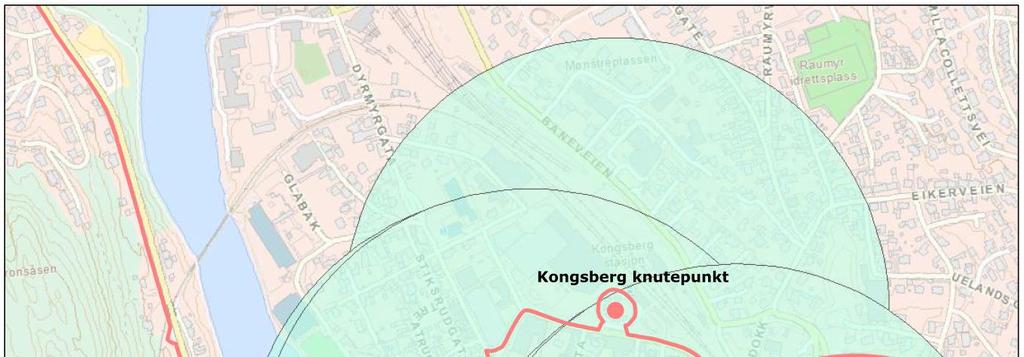 UTREDNING 79 (122) Figuren under viser holdeplasser med ny trase gjennom sentrum og de områdene som ligger i gangavstand til disse.