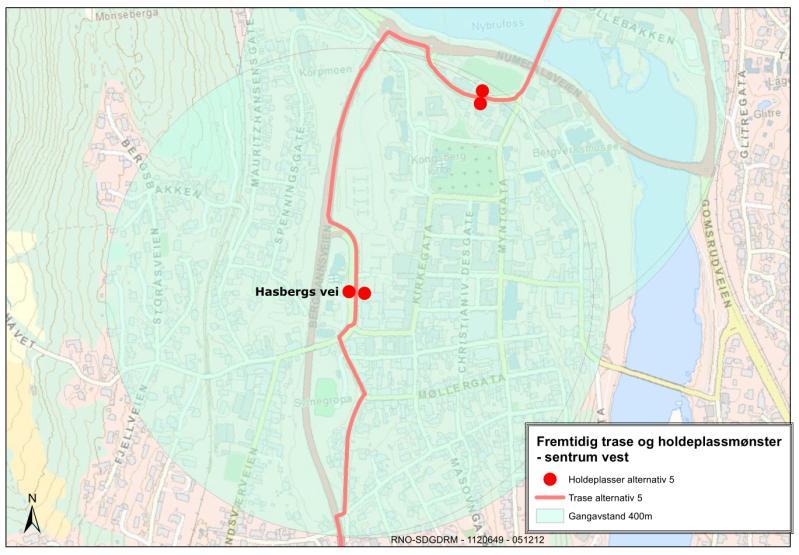 88-(122) UTREDNING I kapittel 3.2.7 ble det anbefalt å legge om traseen på vestsida til Bergmannsveien når europaveien er lagt utenom byen og Bergmannsveien er rustet opp til bygate.