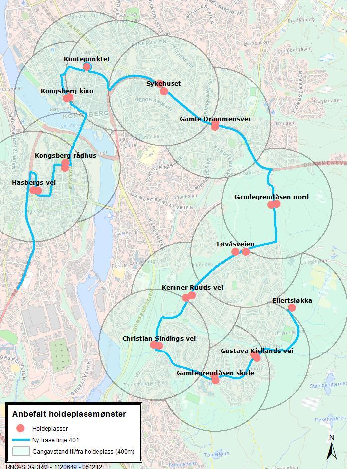 92-(122) UTREDNING Figur 94 Forslag til ny holdeplasstruktur på linje 401. Nytt holdeplassmønster gir en gjennomsnittlig holdeplassavstand på 550 meter.