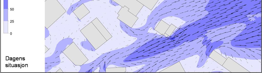 Vind fra vest-sørvest blåser inn mot planområdet etter å ha blåst over og mellom den tette småhusbebyggelsen som ligger rundt.