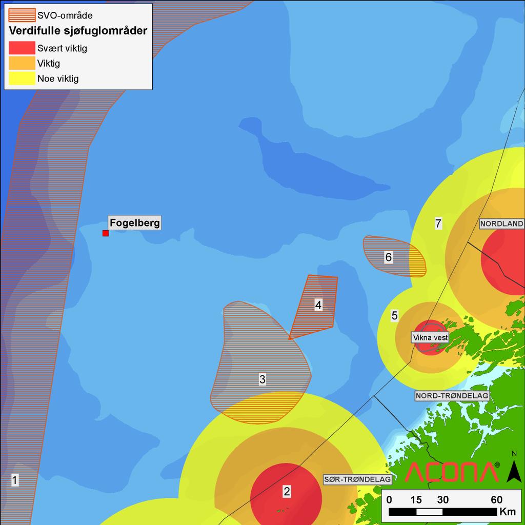 Figur 2. Viktige områder for verdsatte økosystemkomponenter (VØK) innenfor analyseregionene til Fogelberg avgrensningsbrønn.