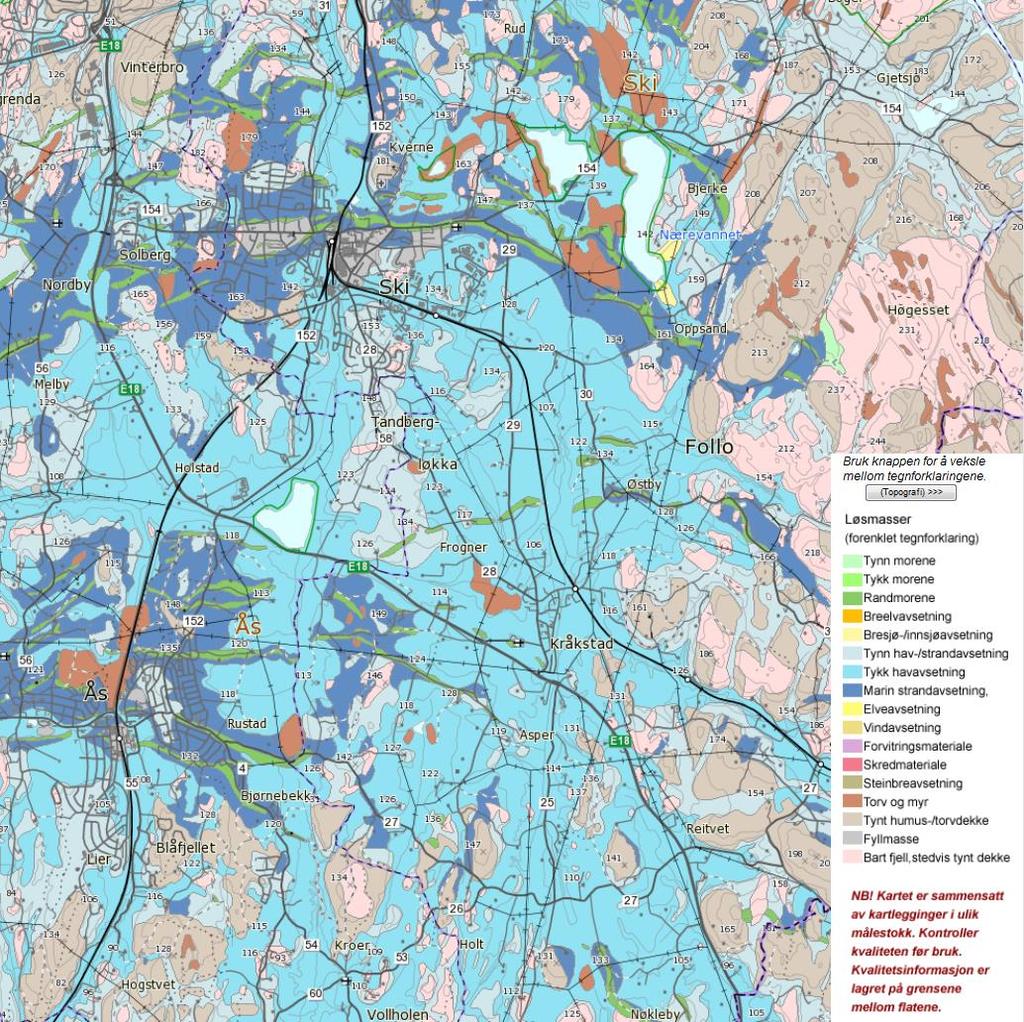 7 Kvartærgeologi generelt Det kvartærgeologiske kartet for hele planområdet er vist Figur 2. Kartet viser at store deler av traseen går gjennom områder med tykke havavsetninger.