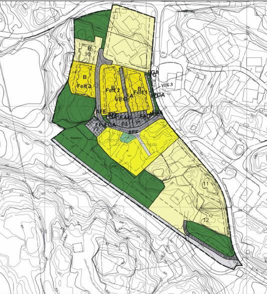 2000, legg opp til frittliggande- og konsentrert bustadsbebygging, parkeringsareal og friareal.