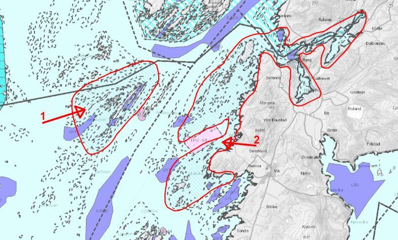 1. Områder i Sandvær, ut fra at det er hekkelokaliteter for hubro og havørn her (data unntatt offentlighet - hentet fra Naturbasen). 2.