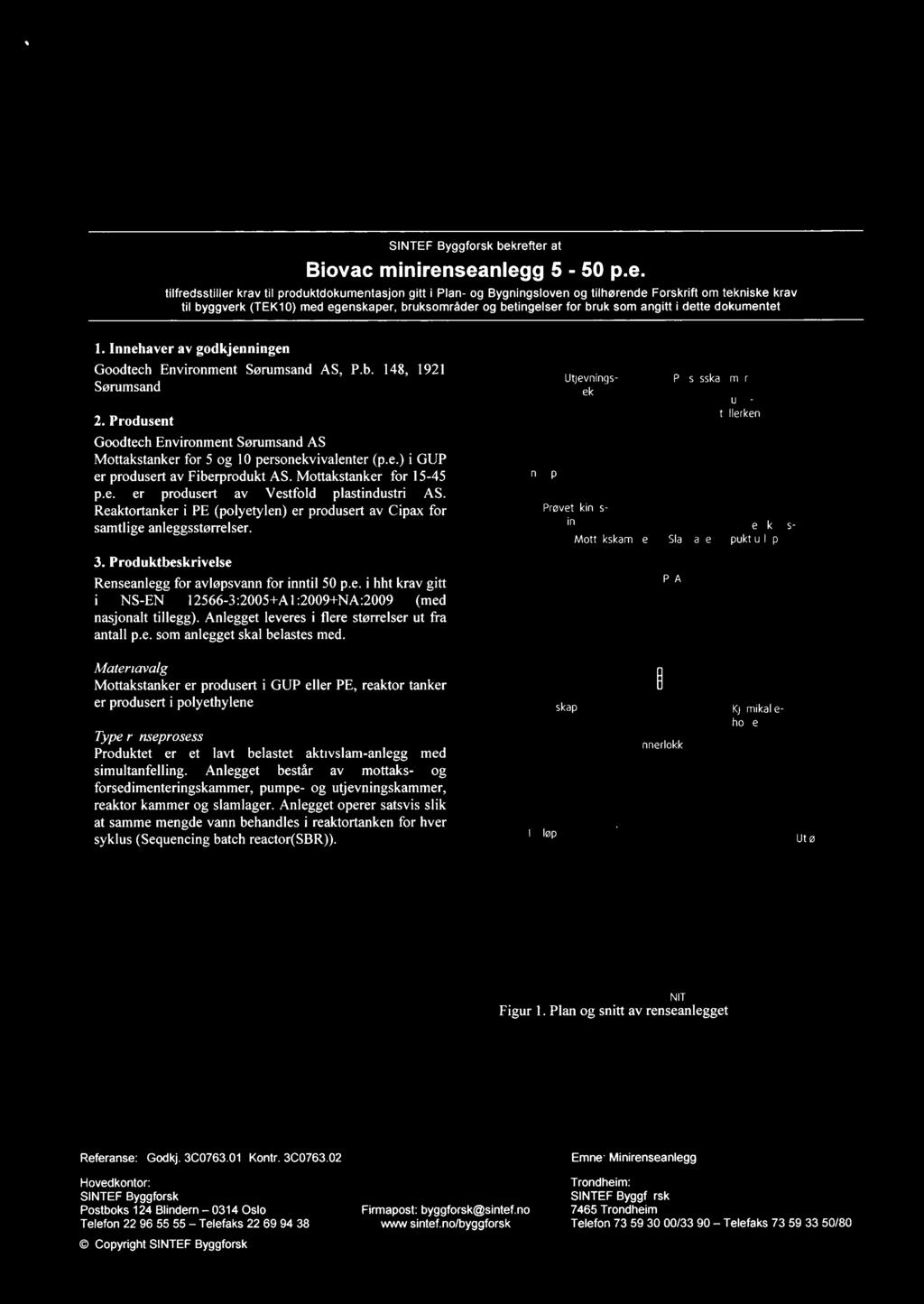 C_Dt SINTEF å TekniskGodkjenning SINTEF Certification Nr. 20108 Utstedt: 28.06.2011 Revidert: 15.07.2011 Gyldig til: 28.06.2016 Side: 1 av 3 SINTEF Byggforsk bekrefter at Biovac minirenseanlegg 5-50 p.