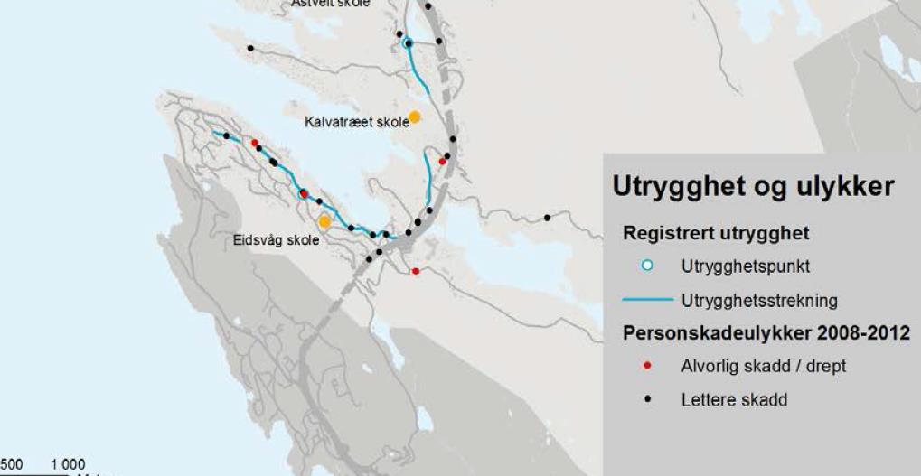 Figur 4. Utsnitt fra ulykkesregistreringer i Trafikksikkerhetsplan for Bergen 2014-17 (Bergen kommune). Kartet viser ulykkene som har inntruffet i en relativ kort tidsperiode (5 år).