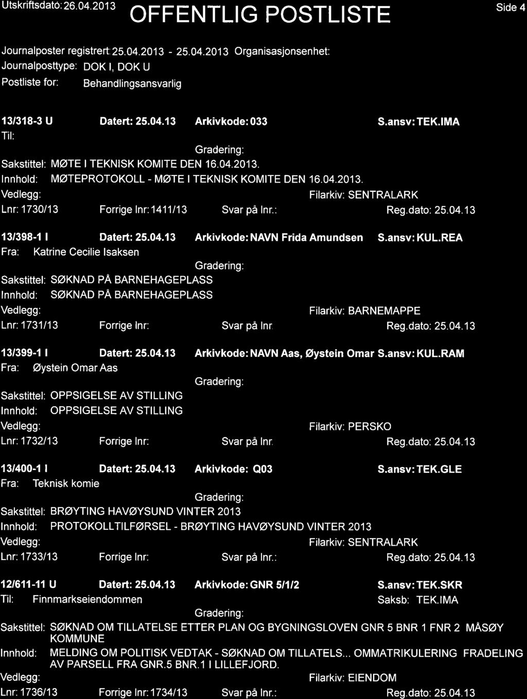 Utskrift sdatö : 26.04.201 3 Side 4 J ou rna I poster reg istrert: 25.04.201 3-25.04.2013 O rga n isasjonsen het: Journalposttype: DOf l, DOK U 13/318-3 U Datert:25.04.'13 Arkivkode:033 S.ansv:TEK.