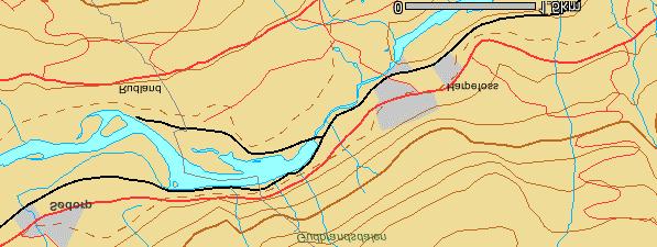 Figur 14 Kartutsnitt av Harpefoss med minstevannstrekningen inntegnet Hunderfossen kraftverk Hunderfossen ligger i Øyer kommune og 15 km oppstrøms Mjøsa (fig 15).