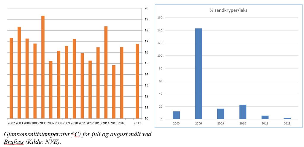 Forholdet mellom antall laks og antall sandkryper ser ut til å ha en sammenheng med gjennomsnittlig sommertemperatur.