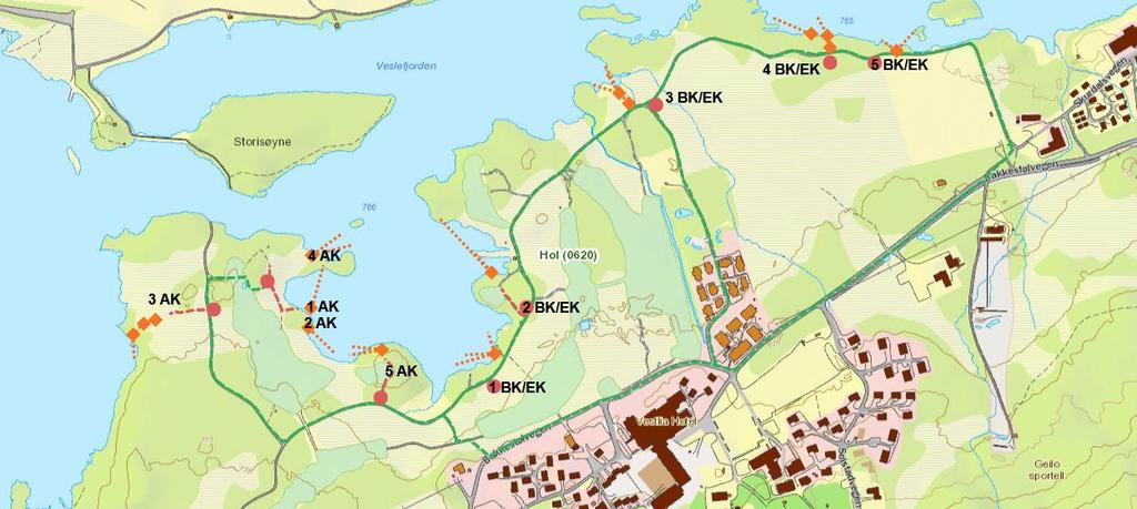 Kart over postene: Treningsområde På Geilo (Hol kommune) er det utvidet båndtvang til 31. oktober. Pga.