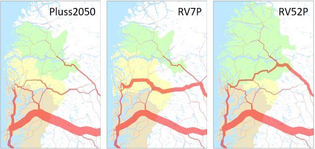 Figur 6.3. Fjellovergangenes trafikk og omland i hovedkonseptene mot Pluss2050. I Pluss2050-scenarioet er det trafikken over Haukeli som blir dominerende.
