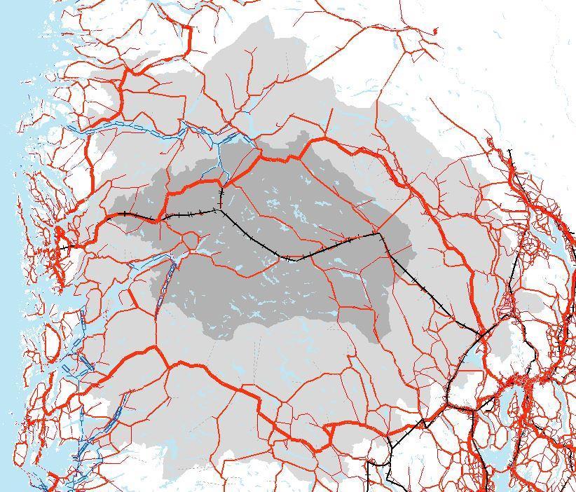 Figur 2.2 viser delområdemodellens geografiske utstrekning og transportnettverk. Modellens kjerneområde er markert med mørk grå farge, mens bufferområdet er markert med lysere gråfarge.