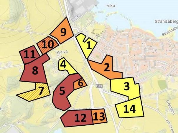 I skråningen mellom Harestadveien ned mot Odnaberget, og nede på flaten ved Kjelvå. Områdene er store og har ikke dreneringsproblemer.