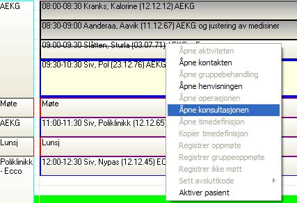 Ved å høyreklikke på en time kan man blant annet: Åpne kontakten Åpne henvisningen Åpne konsultasjonen (hvis pasienten er oppmøteregistrert) Registrere oppmøte