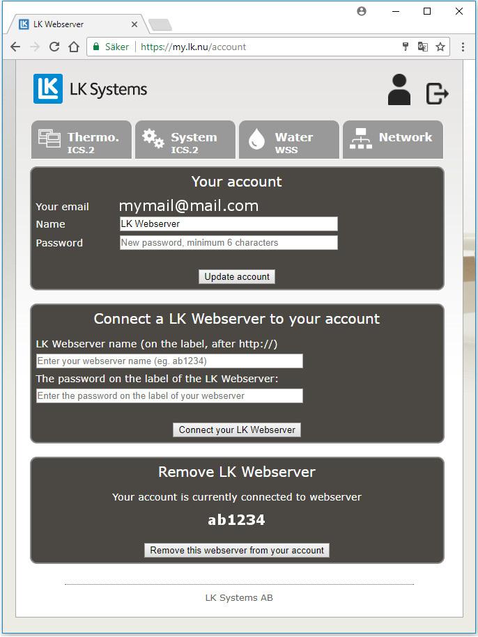 Webserveren er skybasert, og det kan komme oppdateringer til grensesnittet og funksjoner som umiddelbart blir tilgjengelig for brukeren, se den siste håndboken på www. lksystems.se. 2 4 3 5 3 Menyen Logge ut fra kontoen Konto Ved å klikke på kontoikonet kommer man til siden nedenfor, der man kan endre navnet på kontoen og bytte passord.