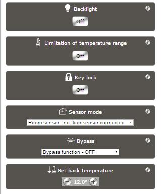 Menykategorien System Menyside for innstillinger av enkelte romtermostater For hver funksjon er det et ikon/informasjonsikon som er klikkbart.