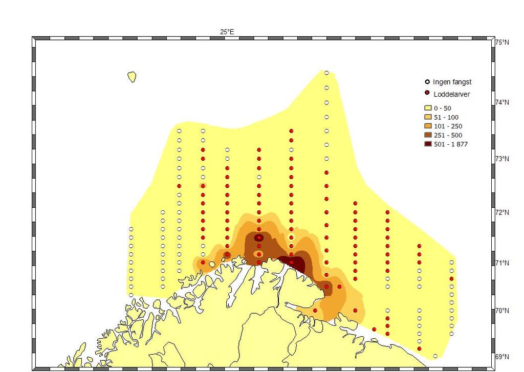 Figur 3. Utbredelse av loddelarver mai-juni 2005 30 Loddelarver 2005 (vektet lengdefordeling) 25 Gjennomsnittslengde : 9.