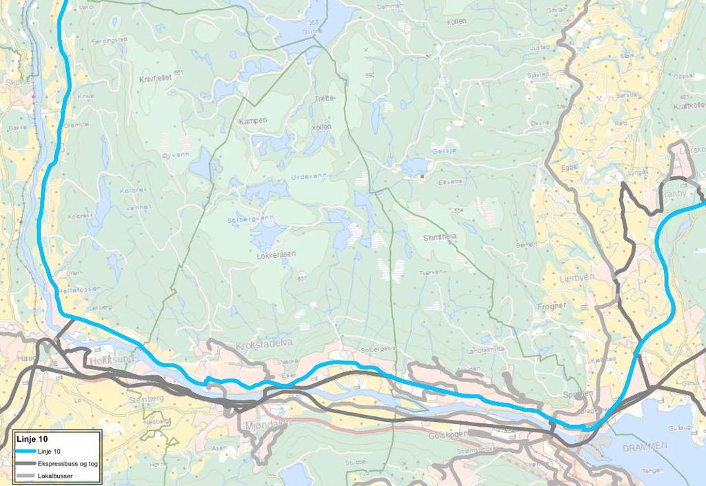 18 (25) UTREDNING 4. LINJE 10 Linje 10 går fra Hønefoss sentrum og langs fylkesvei 35 til Vikersund og videre forbi Geithus, Åmot og Skotselv fram til Lerbergkrysset ved Hokksund.