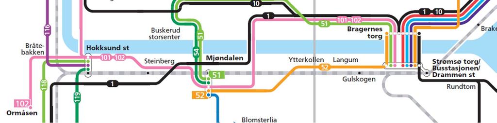 22 (25) UTREDNING Drammen på nordsiden av Drammenselva. Fra Vinnes og gjennom Drammen går linje 10 og 101 på samme trase. Linje 101 snur på Drammen busstasjon mens linje 10 kjører videre inn til Oslo.