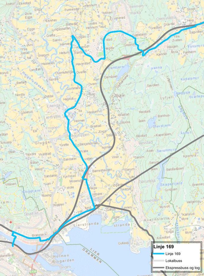 UTREDNING 9 (25) 3. LINJE 169 Bussen går fra Drammen busstasjon og følger samme rute som lokalbussene over Lierstranda fram til Lierbyen.