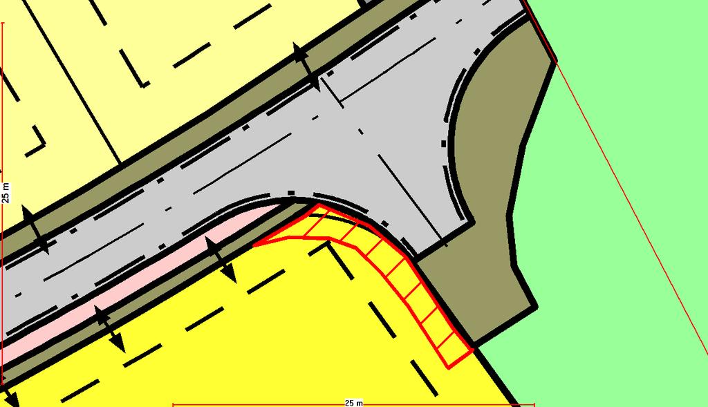 Snuplass i enden av kommunal veg A1 (manglende sideareal angitt med rød skravur).