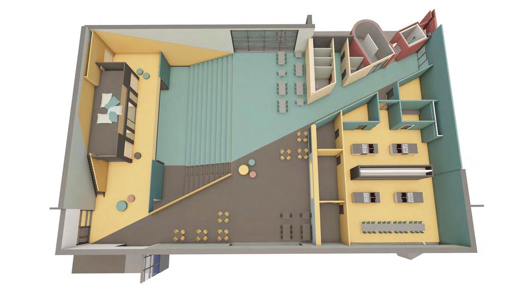 1. etasje 3 Kantine - kjøkken - bibliotek Kantinen og biblioteket med tilhørende amfi vil være et naturlig hjerte i bygget og skolen vil få mulighet til å samle alle elever eller foreldre til både