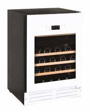Stilig design i sort, hvit eller rustfritt stål Integrert håndtak (gjelder sort og hvitt skap) 2 temperatursoner (5-12 og 12-22 grader) Plass til 153 flasker vin Innvendig LED-belysning (velg mellom