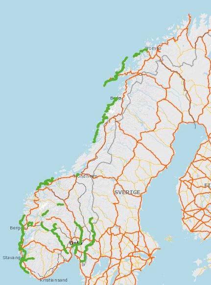 Status for nasjonale sykkelruter 10 nasjonale US10 ruter Rute 1 Kystruta Rute 2 Kanalruta Rute 3 Fjord og Fjell Rute 4 Rallarvegen Rute