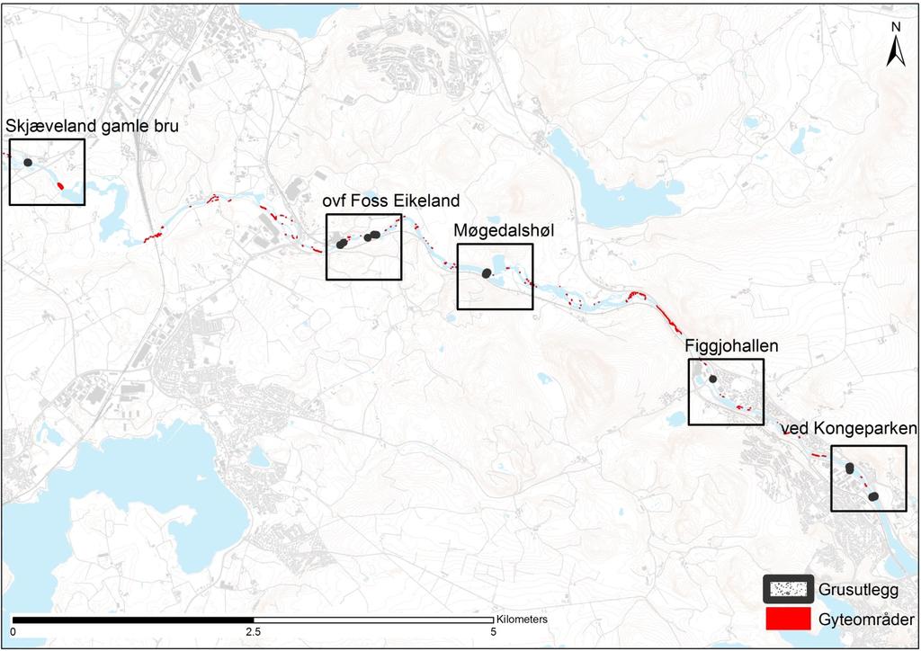 Kart over tiltaksområder En oversikt over tiltakslokalitetene er gitt i Figur 3. Totalt omfatter planen 94 m 3 gytegrus fordelt på 17 gyteplasser på fem tiltaksområder.