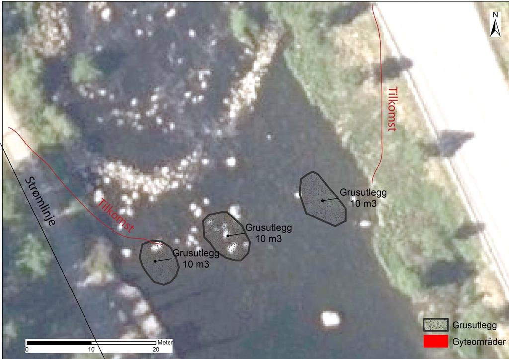 Ved Kongeparken - oppstrøms bru Det legges ut 30 m 3 totalt i området. Grusen kan enten legges ut ved bruk av helikopter eller ved å bruke dumper og gravemaskin.