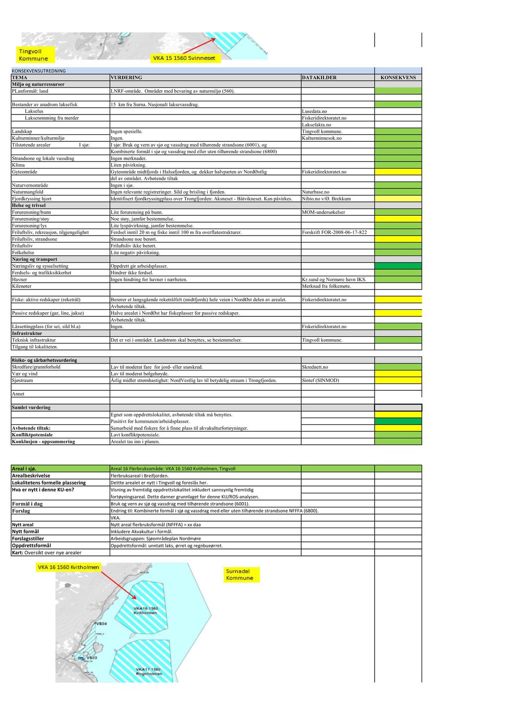 KONSEKVEN SUTREDNI NG PLanformål: land LNRF-område. Områder med bevaring av naturmiljø (560). 15 km fra Surna. Nasjonalt laksevassdrag. Lakselus Lusedata.