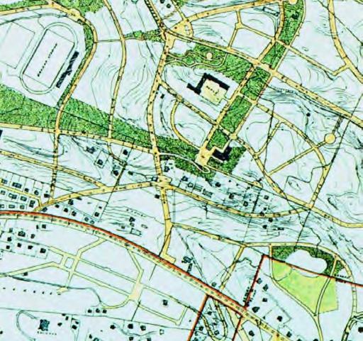 Utsnitt fra illustrasjonsplanen til reguleringsplan, Bergensdalens midtre del 1923. Planområdet avmerket med sirkel. Utsnitt fra kommunedelplan Landås bydel vedtatt 1996.