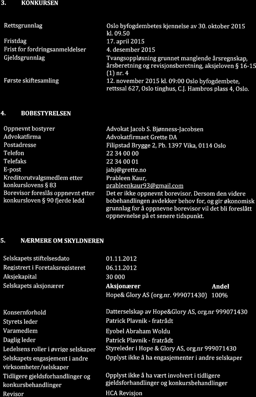 3. KONKURSEN Rettsgrunnlag Oslo byfogdembetes kjennelse av 30. oktober 2015 kl.09.50 Fristdag 77. april2075 Frist for fordringsanmeldelser 4.