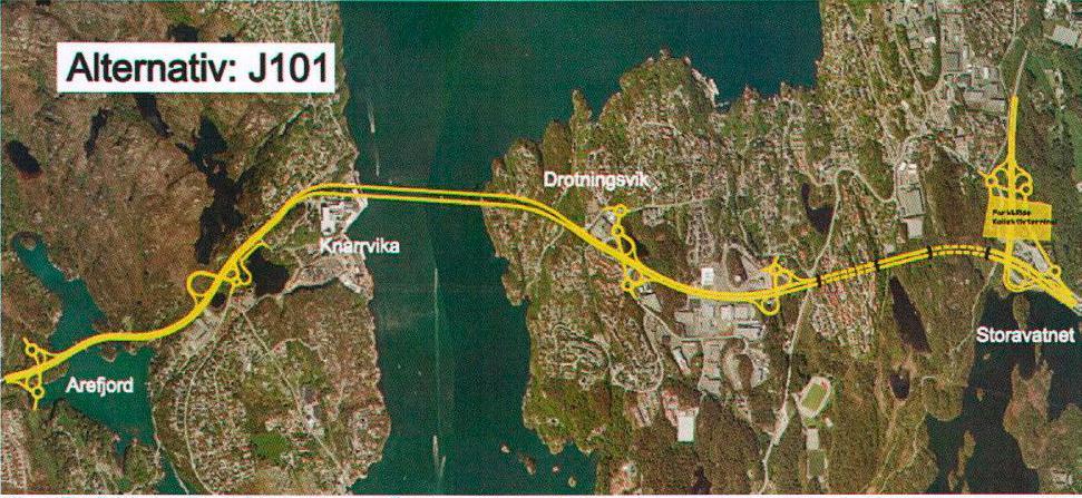 Konsepter og alternativer som er utredet i kommunedelplanen Alternativ J101 med ny 2-felts bro på nordsiden av dagens bro.