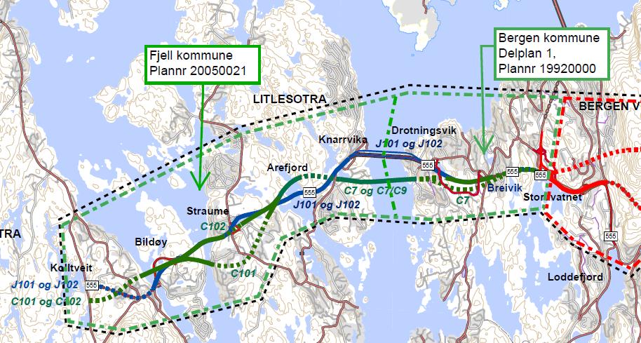 Alternativ J101 tilrettelegger ikke for kollektivtransport på egne felt, mens J102 har for dårlig bilkapasitet.