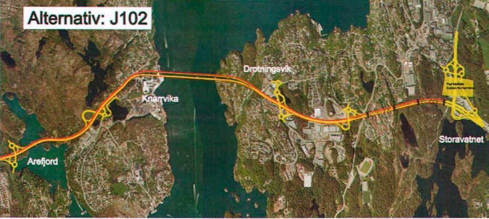 Alternativ J102 med ny 2-felts bro på nordsiden av dagens bro med kollektivfelt i begge retninger På denne bakgrunn konkluderer Statens Vegvesen med at ingen av de to alternativene i J- konseptet gir