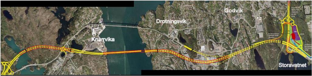 Prinsippskisse for kollektivfelt (rød strek) og kryssløsninger i alternativ C7. Prinsippskisse for kollektivfelt (rød strek) og kryssløsninger i alternativ C7/C9.