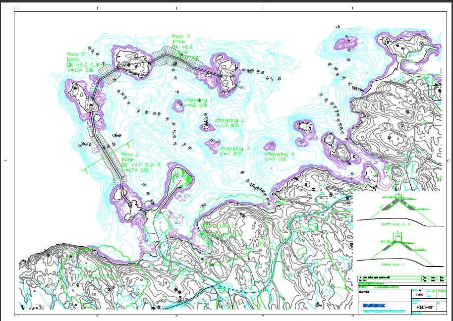 Det planlegges en større dekningsmolo fra Salthella og ut til holmene, jfr. tegning nedenfor. I tillegg planlegges det å utdype fire grunner innenfor havneområdet til -10,3 m.