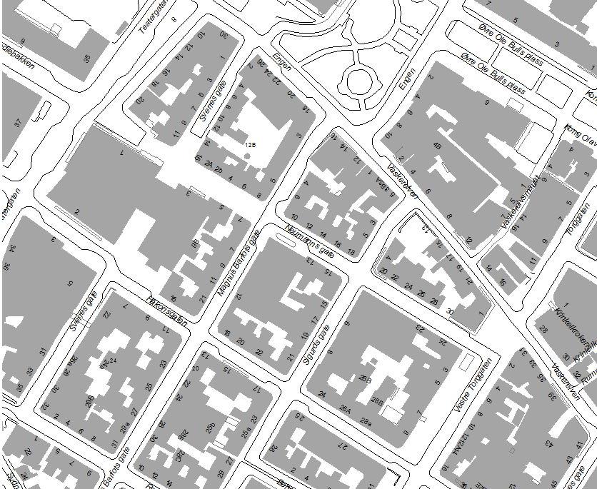 Fig: kart med gatenavn Dagens situasjon Gateløpene innenfor planområdet er preget av slitasje og har stedvis smale fortau med bratte tverrfall.