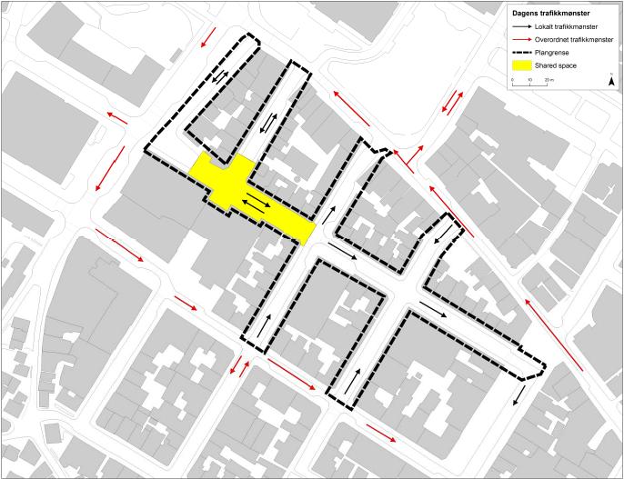 Fig: kjøremønster I vest er Neumanns gate stengt mot Teatergaten. I øst er Vestre Torggate stengt for gjennomkjøring til Vaskerelven.