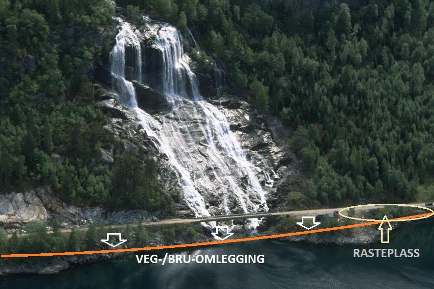 Tiltaket ser heller ikkje ut til å vere i strid med nasjonale føringar for arealpolitikken. I.h.t. føremåldet verna vassdrag i kommunedelplan, hadde Fylkesmannen helst sett løysninga gjennom ein tunnell bak fossen, men valgte ikkje å kome med motsegn.