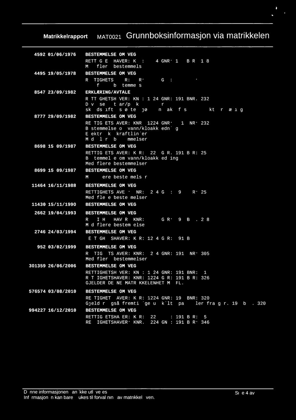 b r b E Matrikkelrapport MATOO21 Grunnboksinformasjon via matrikkelen 4592 4495 8547 8777 8698 8699 01/06/1976 19/05/1978 23/09/1982 29/09/1982 15/09/1987 15/09/1987 198 201 ERKLÆRING/AVTALE 232