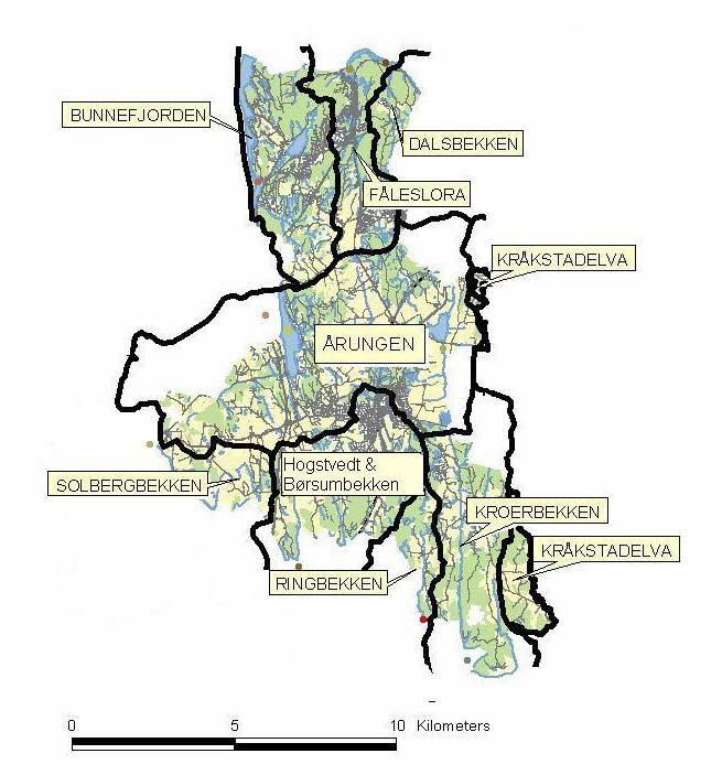 1. Innledning Figur 1. Oversikt over nedbørfeltene i Ås kommune. Med bakgrunn i miljømålene for vassdragene i kommunen; jfr.