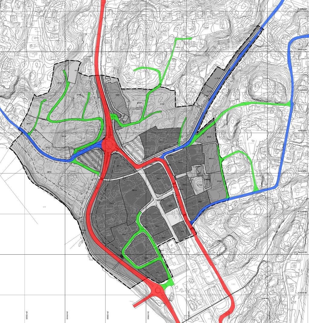 Veg og gateutforming, trafikkflyt Bruk av gater og gang-og sykkelveier Vegnettet vist ved svært viktige veier i rødt, viktige veier i blått, og andre relevante veier i grønt.
