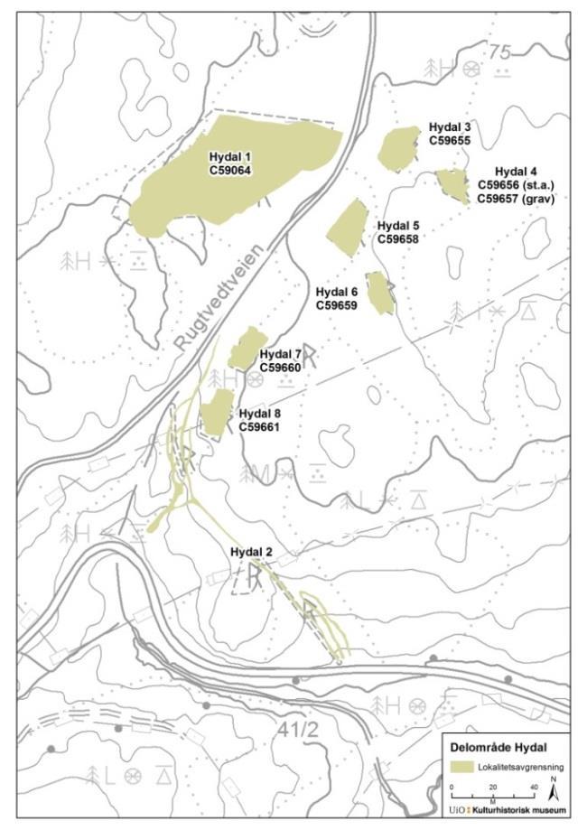 Figur 2 Delområdet Hydal med de seks steinalderboplassene (Hydal 3-8), jernalder bosetningen (Hydal 1) og hulveissystemet (Hydal 2). Kart: Gjermund Steinskog, KHM.