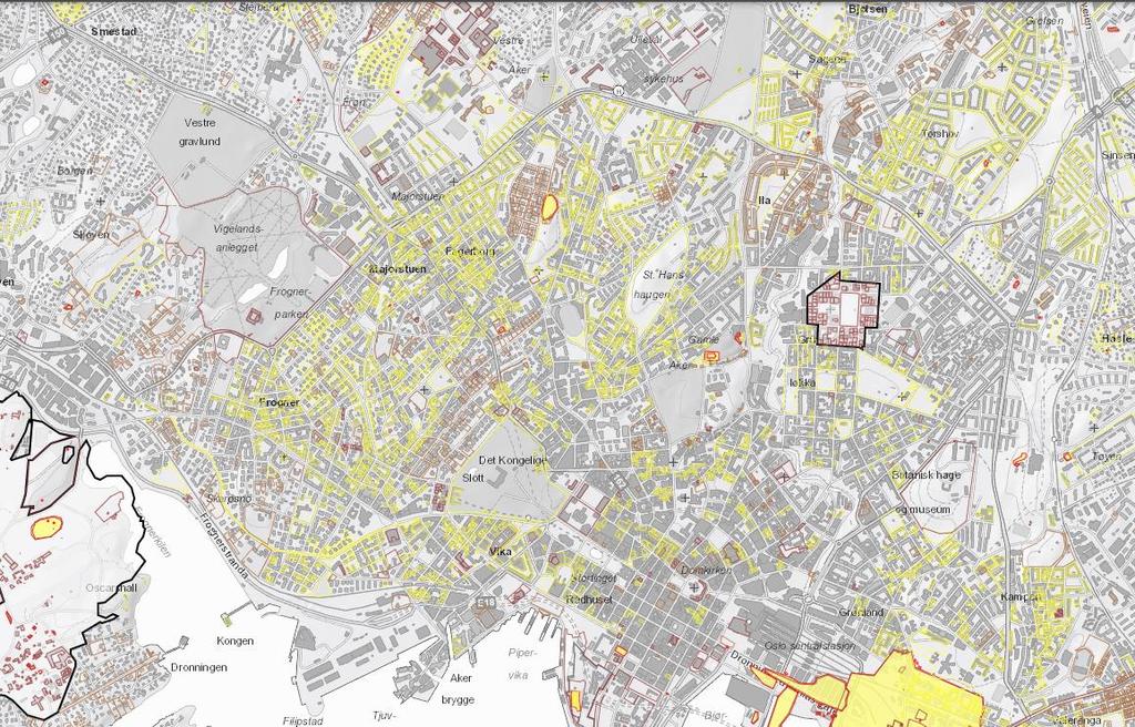 A2: Kulturminner på Gul liste i Oslo Geografisk fordeling av kulturminner: Figuren nedenfor viser verneverdige bygninger i Oslo. I kartet er kulturminnene fargekodene: Rød betyr fredet.