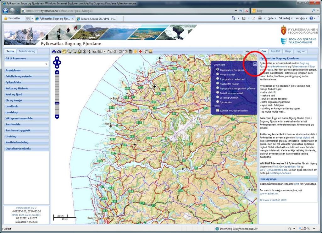 Grunnkart Måten å syne grunnkart er endra. For å få oversikt/kunne velje grunnkart klikkar du på i kartvindaugets høgre hjørne.